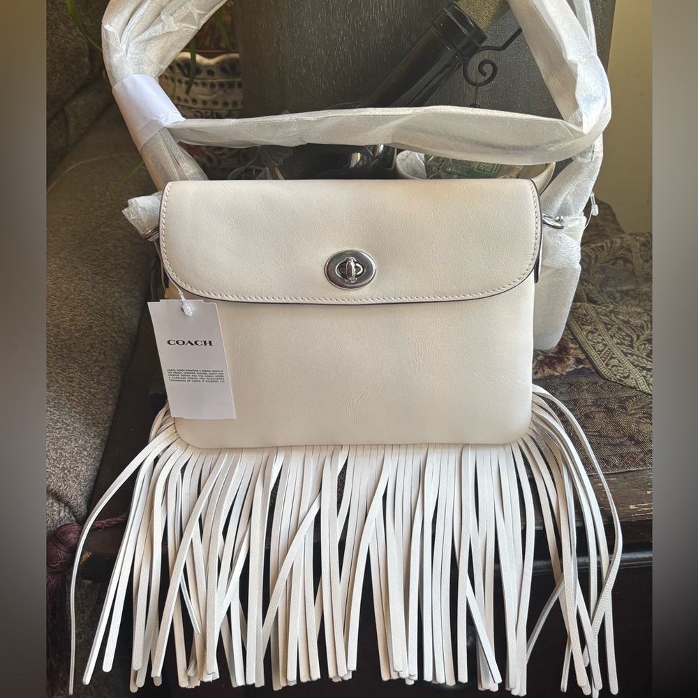 Authentic COACH 1964 leather Tan Suede Fringe turnlock flap Crossbody Bag